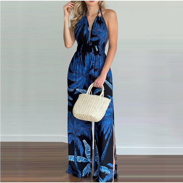 Women Bohemian Halter Neck Maxi Jumpsuit with Side Slits Lune London