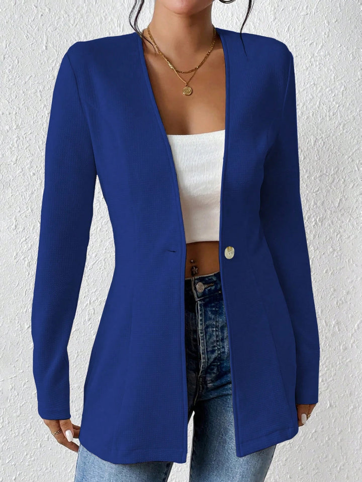 Ladies Tailored Long Blazer with V-Neck and One-Button Closure Amarae
