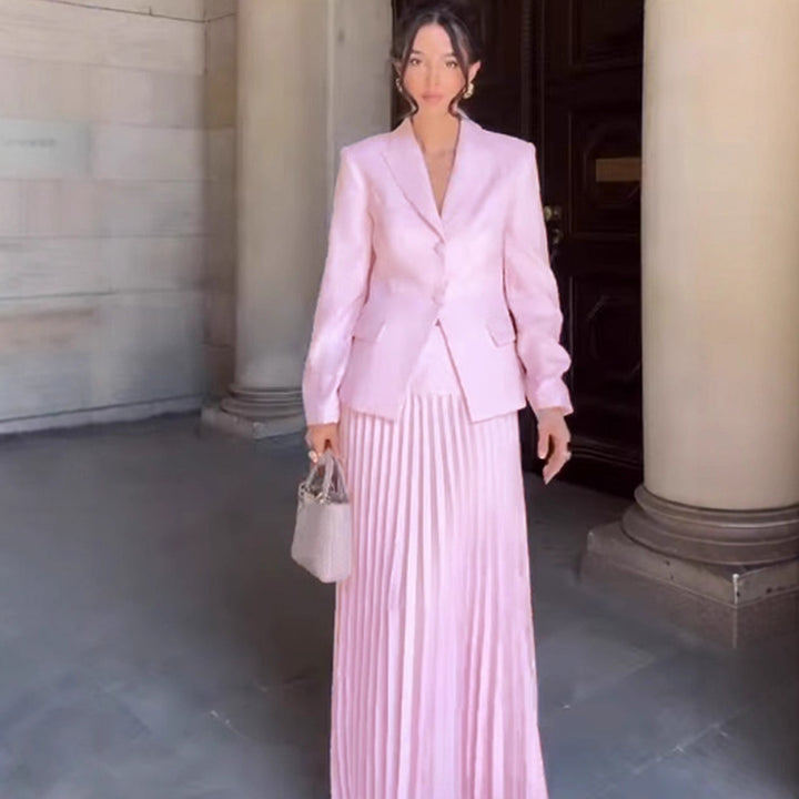 Women's Tailored Blazer and Midi Skirt Set with Pleated Skirt & Tied Belt Amarae