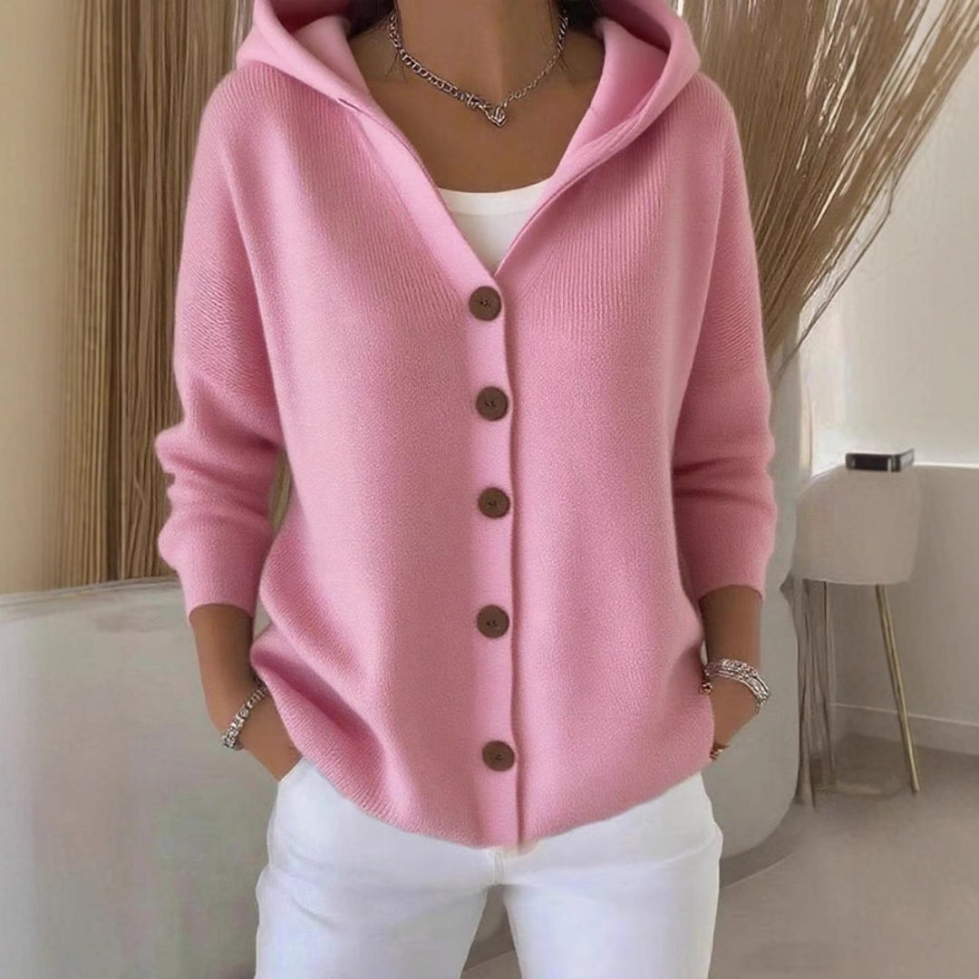 Knitted hooded jacket for ladies with practical button details and a relaxed fit Lune London