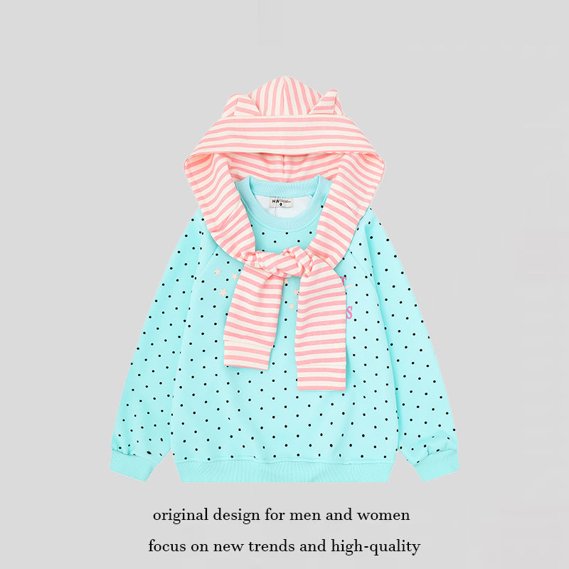Women's Polka Dot Sweatshirt with Attached Striped Hood-Scarf and Star Appliqué Amarae