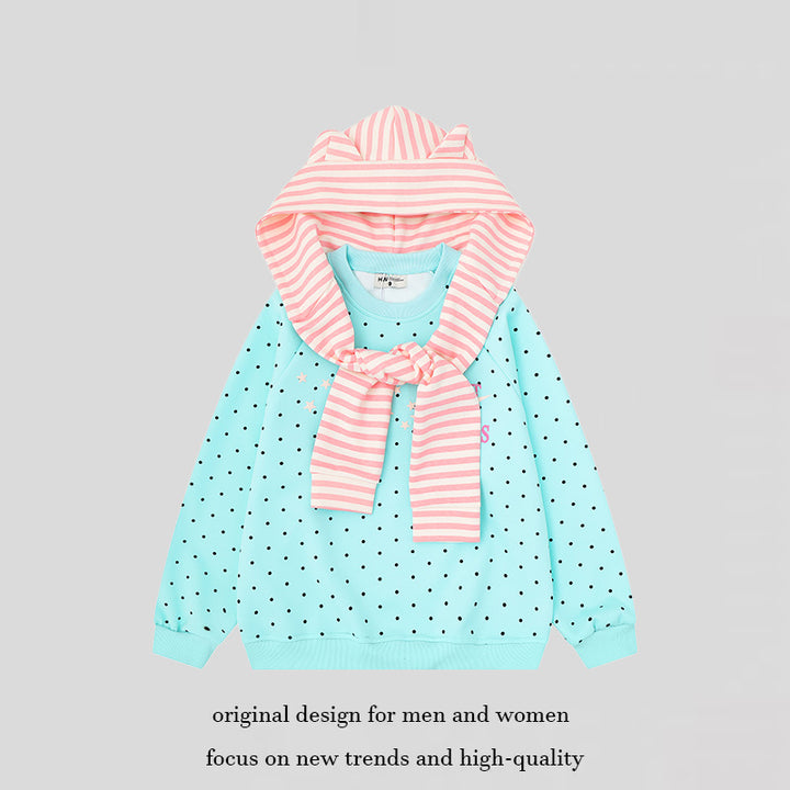 Women's Polka Dot Sweatshirt with Attached Striped Hood-Scarf and Star Appliqué Amarae