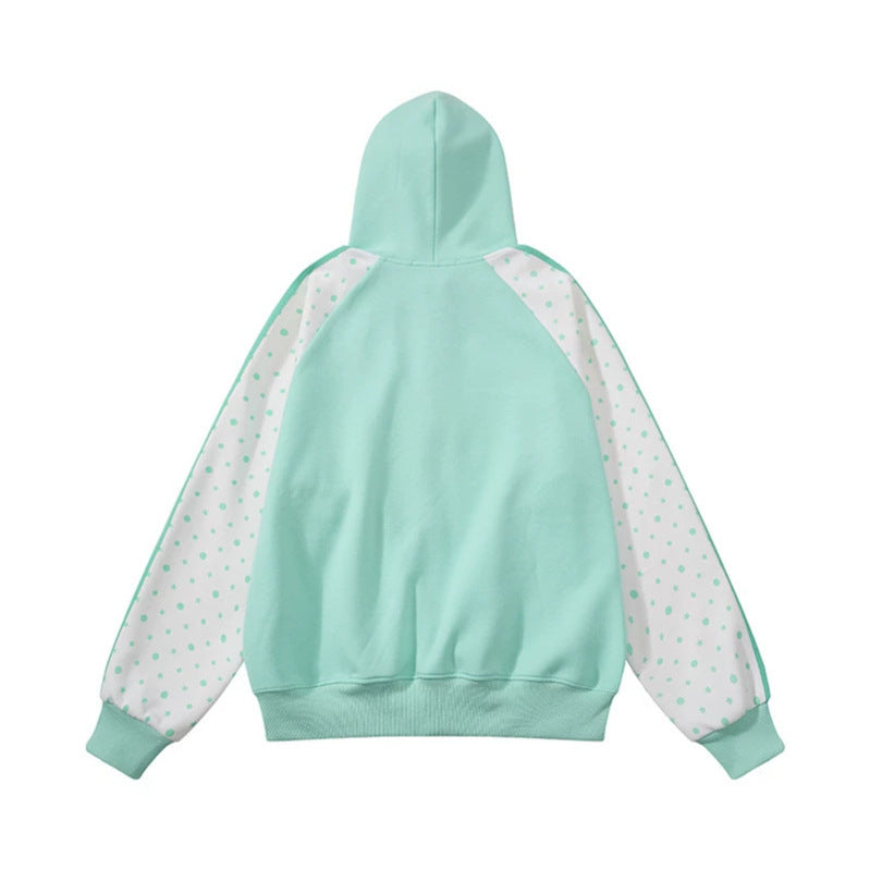 Women's hooded sweatshirt jacket with full zipper, raglan sleeves, and polka dot inserts Amarae