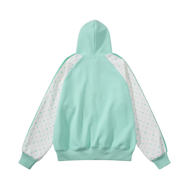 Women's hooded sweatshirt jacket with full zipper, raglan sleeves, and polka dot inserts Amarae