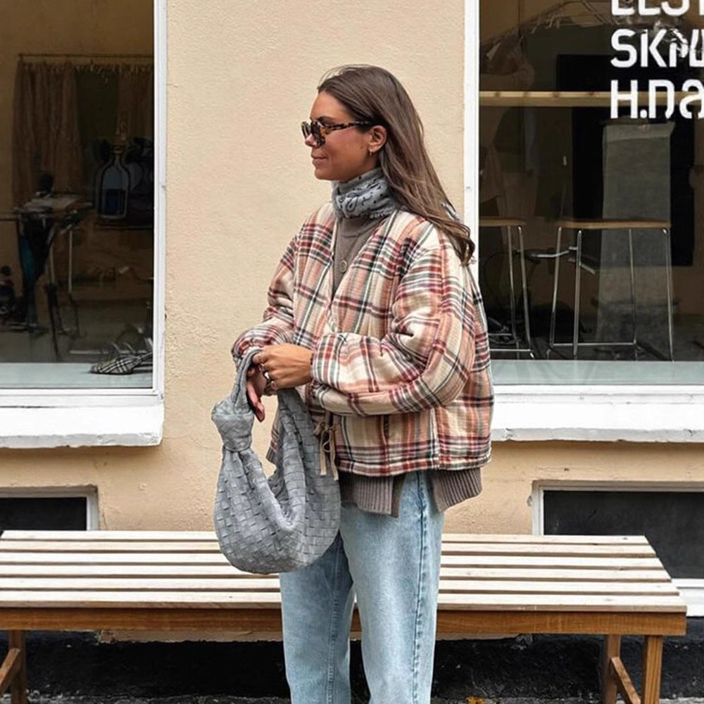 Women Padded Short Quilted Jacket in Check Pattern with Drawstring Hem and Oversized Sleeves Amarae