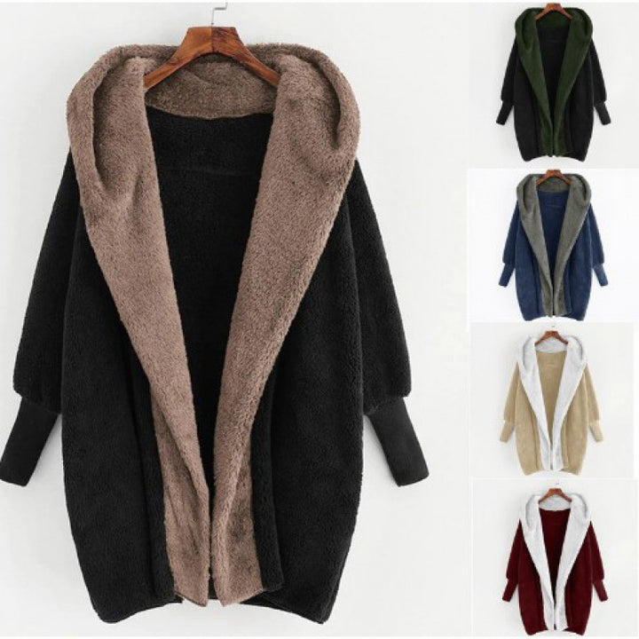 Women's Oversized Faux Fur Hooded Coat with Contrasting Teddy Lining and Ribbed Cuffs Amarae