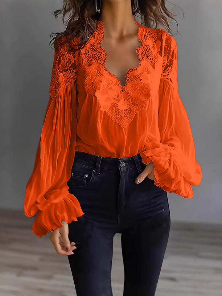 Women's Flowing Blouse with Lace Applications and Long Ruffle Sleeves Lune London
