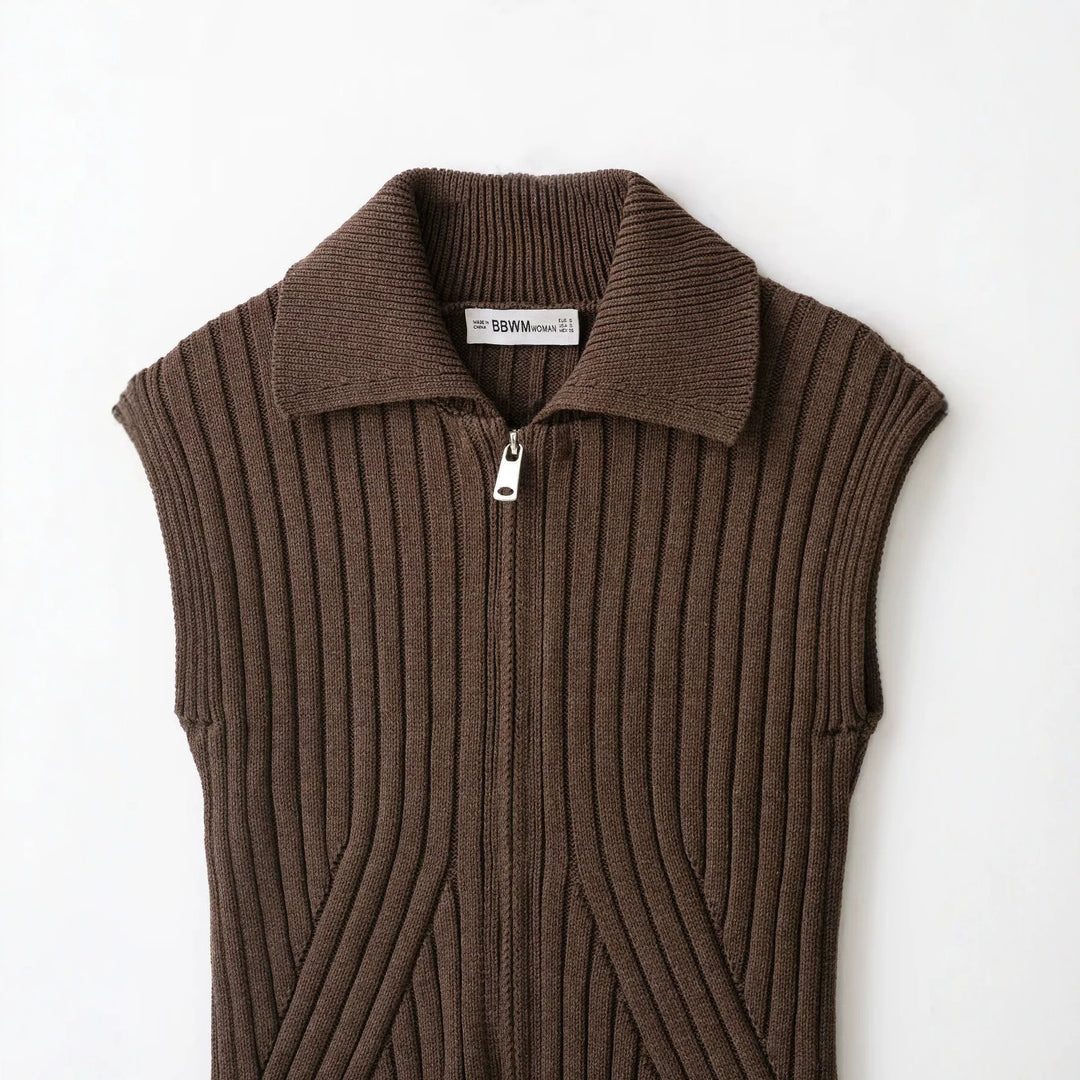 Women's Sleeveless Ribbed Knit Vest with Lapel Collar and Full Zipper Amarae