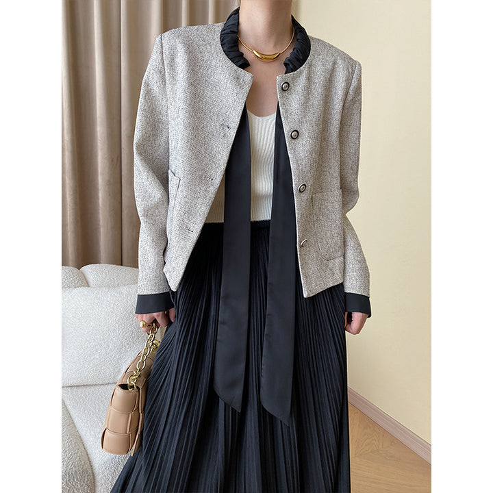 Ladies Stylish Jacket with Decorative Collar and Snap Button Closure