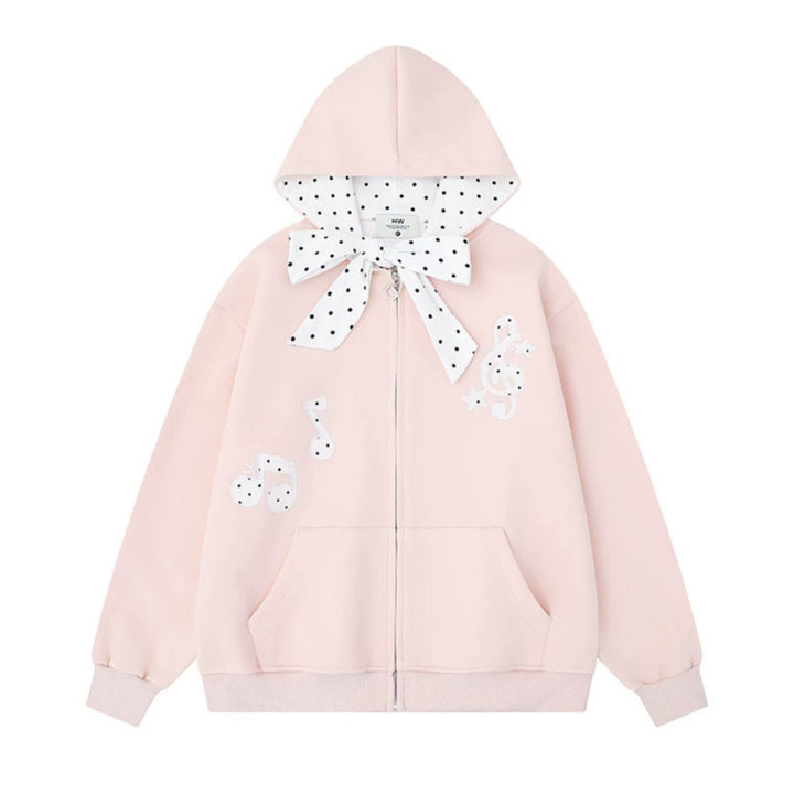 Women's hooded sweat jacket with polka dot hood lining, decorative bow, and music notes motif Amarae