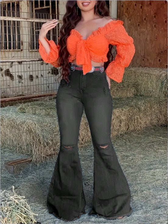 Women's High-Waisted Flared Jeans with Flared Leg, Knee Rips, and Figure-Enhancing Stretch Waistband Amarae