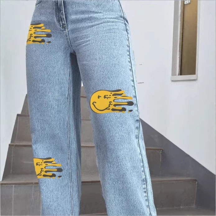Ladies high-waisted wide denim jeans with striking print spot accents Amarae