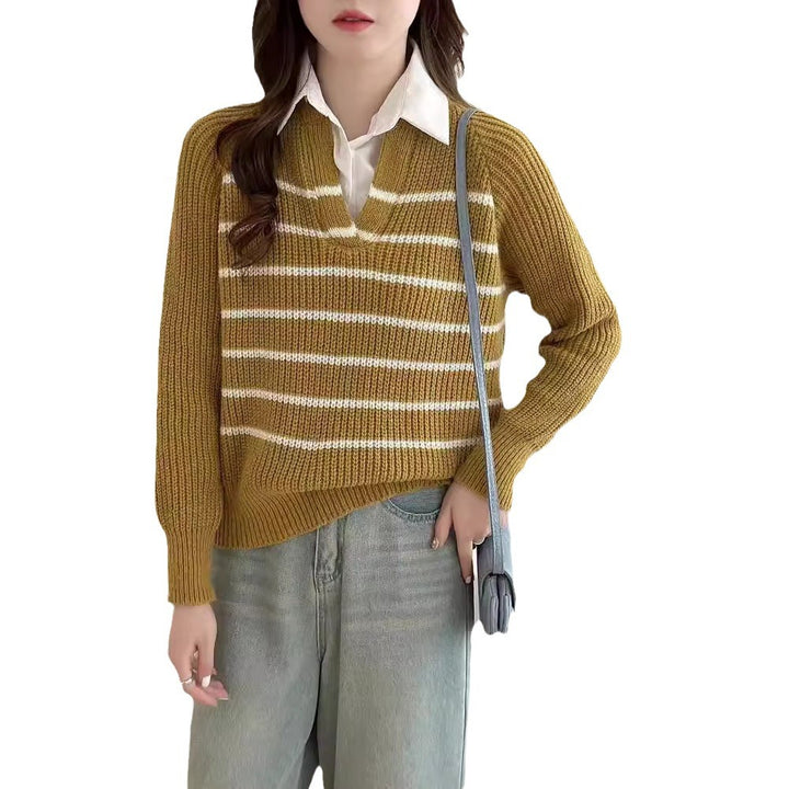 Knit sweater for women with V-neck and striped design Lune London