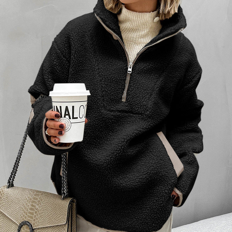Women's Oversized Sherpa-Fleece Pullover with Half Zipper and Kangaroo Pocket Amarae