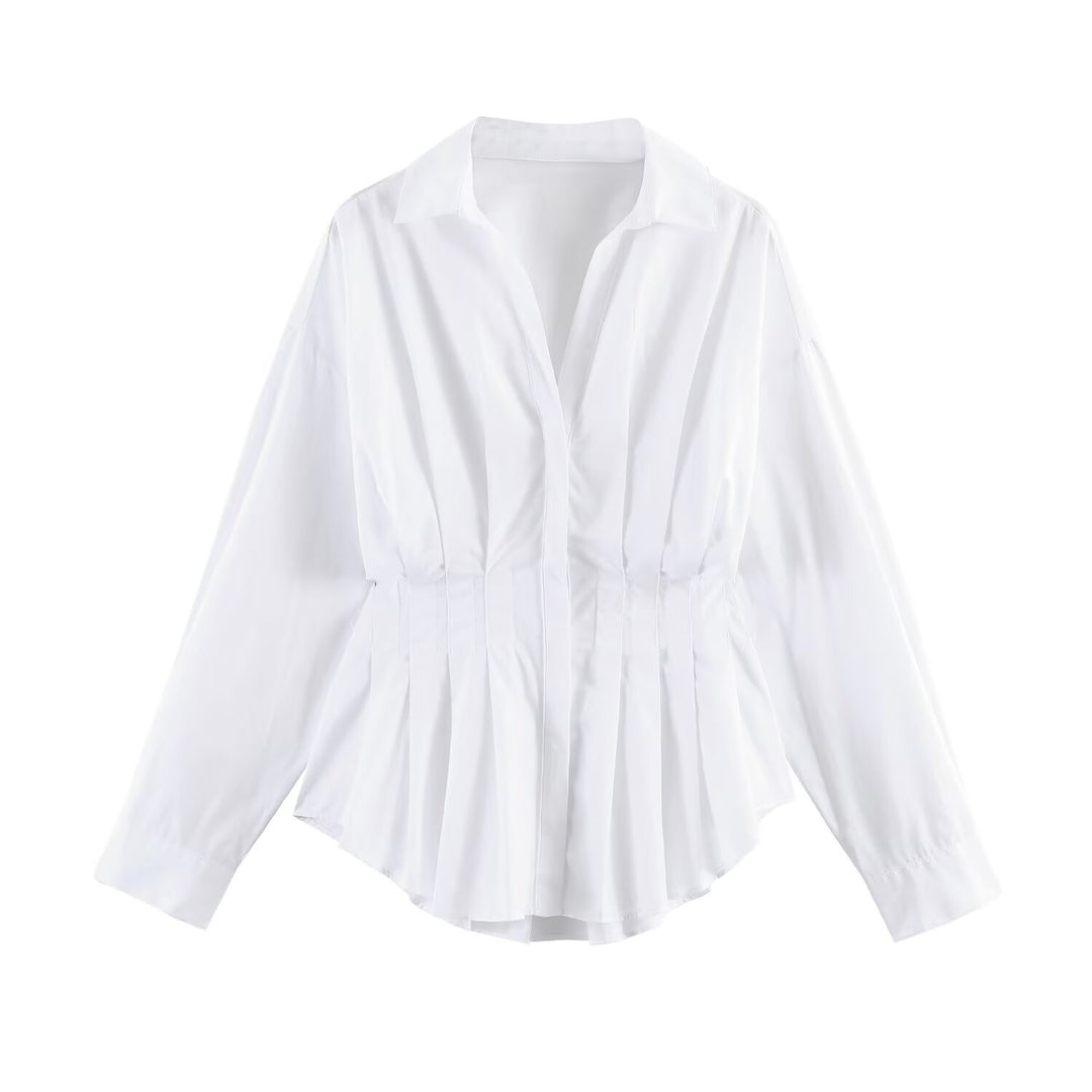 Women Striped Oversized Blouse with Tailoring Gatherings and Shirt Collar Amarae