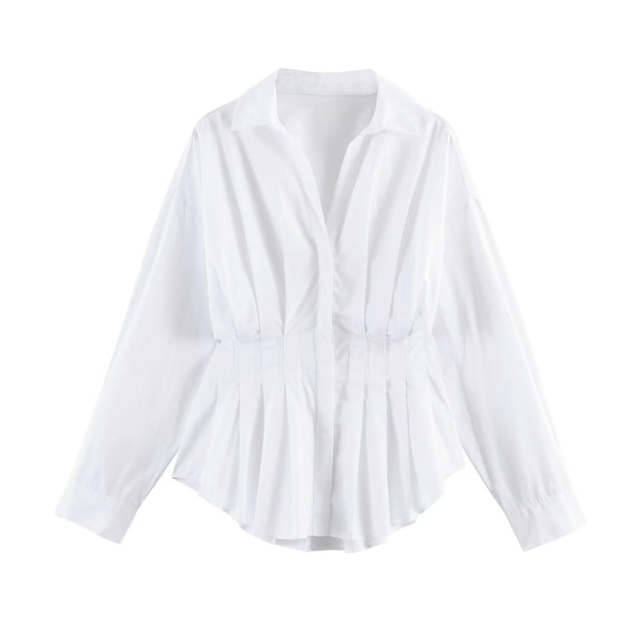Women Striped Oversized Blouse with Tailoring Gatherings and Shirt Collar Amarae