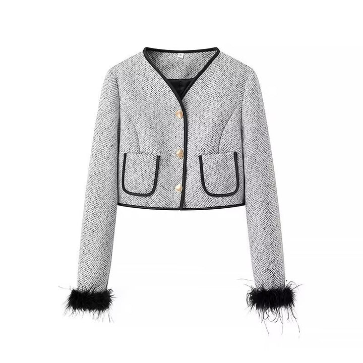 Ladies Elegant Bouclé-Tweed Two-Piece with Tailored Short Blazer, Mini Skirt, Piping Details and Feathery Cuffs Amarae