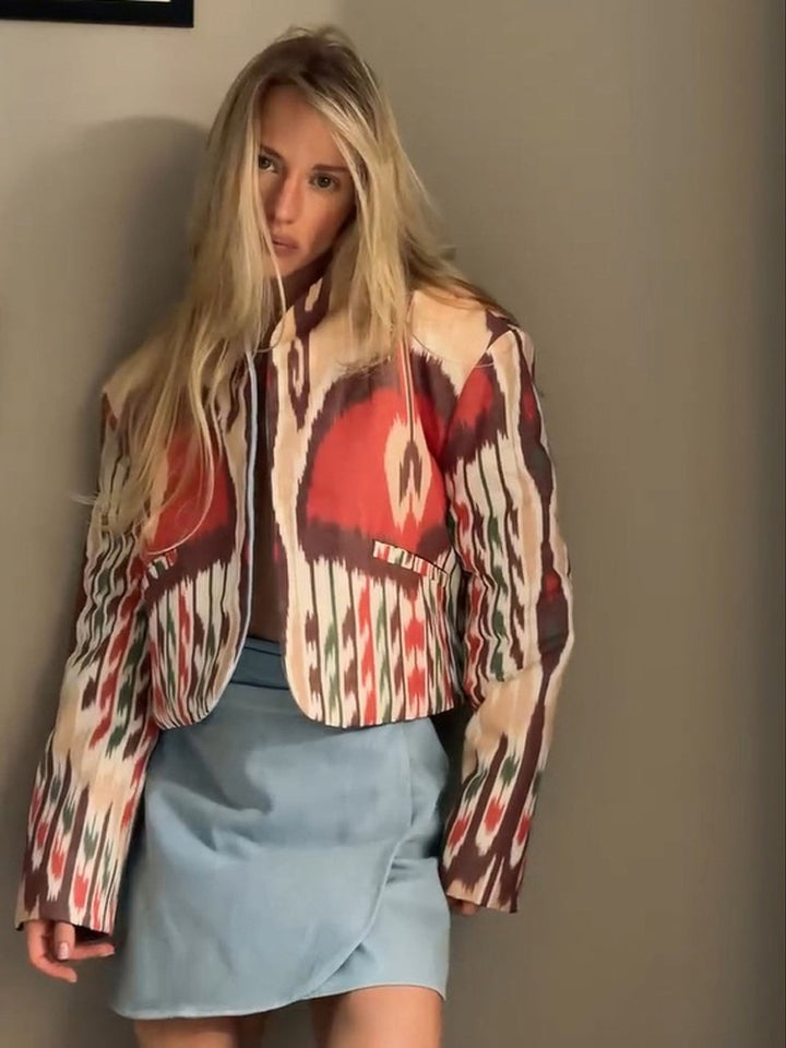 Women’s short jacket with Ikat pattern, boxy silhouette, and light cotton blend Amarae