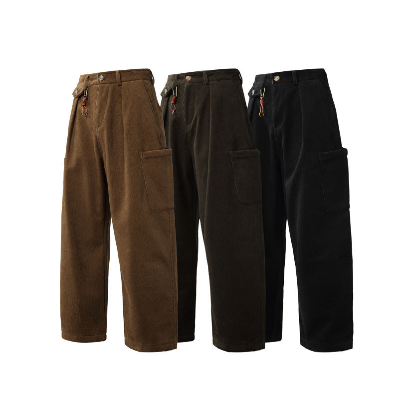 Men's Wide Corduroy Cargo Pants with Pleats, Applied Side Pockets and Relaxed Fit Amarae