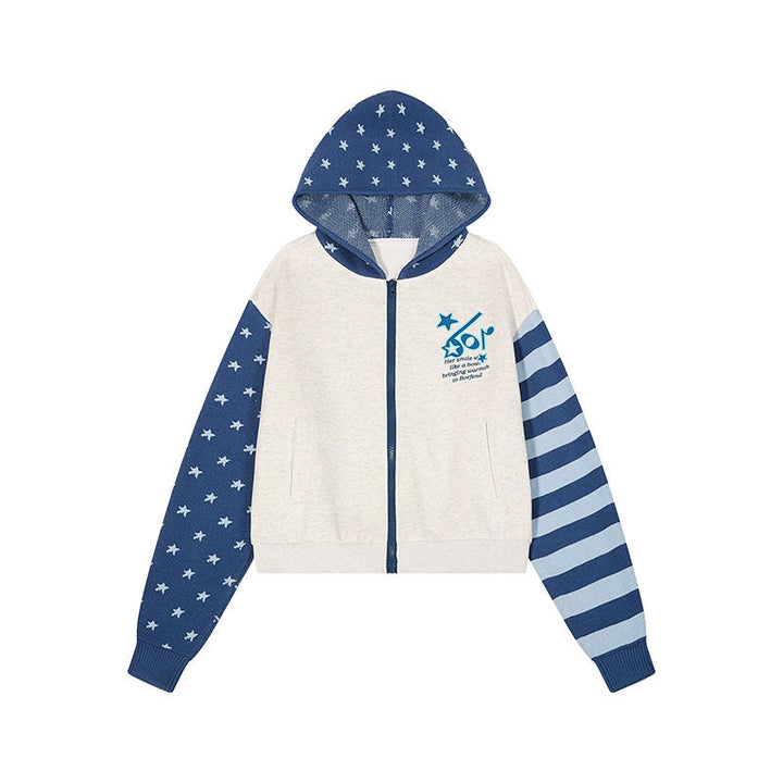 Women’s cropped hooded sweatshirt jacket with full zip, patterned sleeves and star motif Amarae