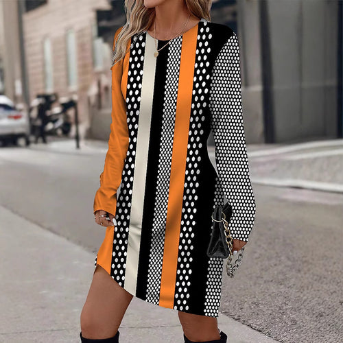 Long sleeves long dress for women with graphic striped pattern and chic dot design Style
