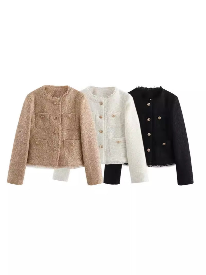 Elegant tweed jacket for women with fringes and decorative buttons Lune London