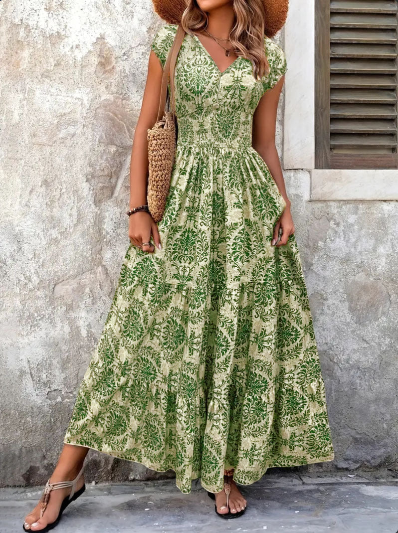 Maxi flower dress for women with V-neck and ruffled hem Lune London
