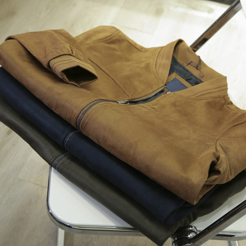 Men's leather bomber jacket with ribbed collar, concealed zipper, and side pockets Amarae