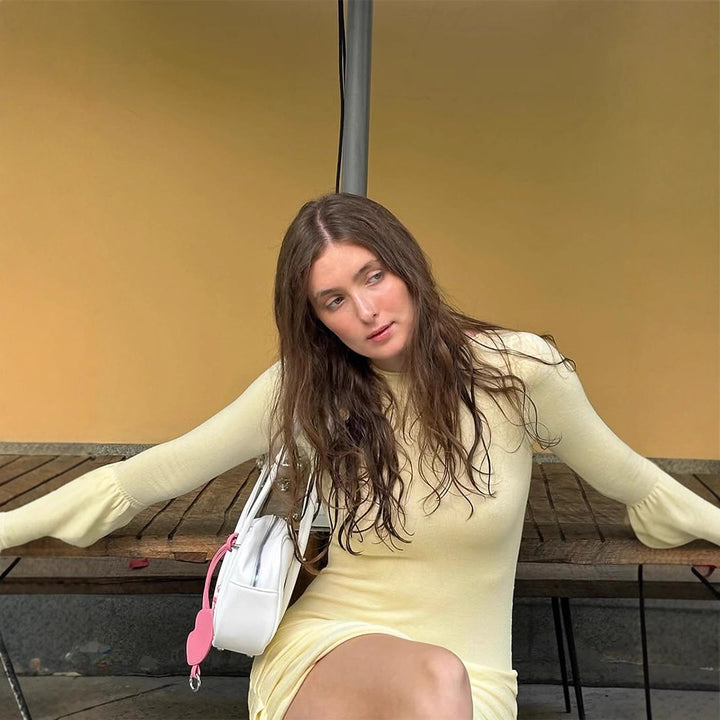 Women's Figure-hugging Gathered Mini Dress with Long Trumpet Sleeves Amarae