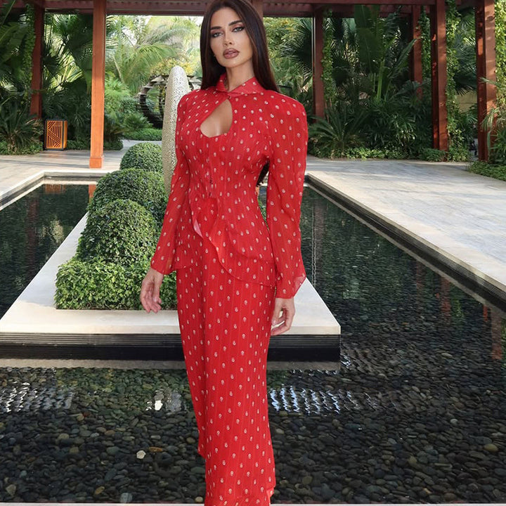 Women's Tailored Midi Dress with Keyhole Neckline, Peplum and Long Puff Sleeves Amarae