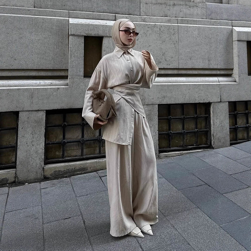 Women's casual tunic set with wrap belt and wide palazzo pants Amarae