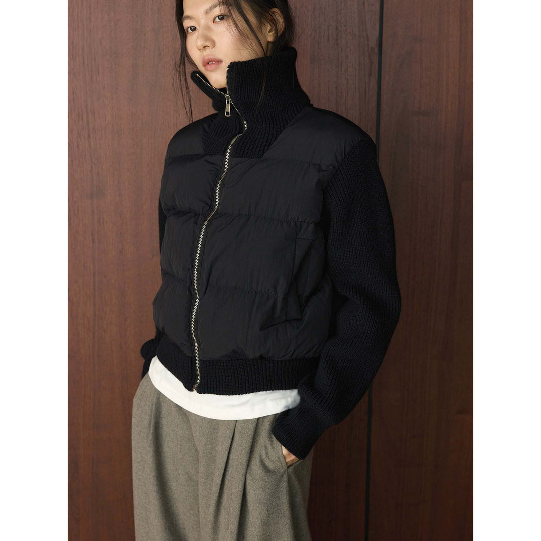 Women's hybrid quilted jacket with knitted sleeves and high ribbed collar Amarae