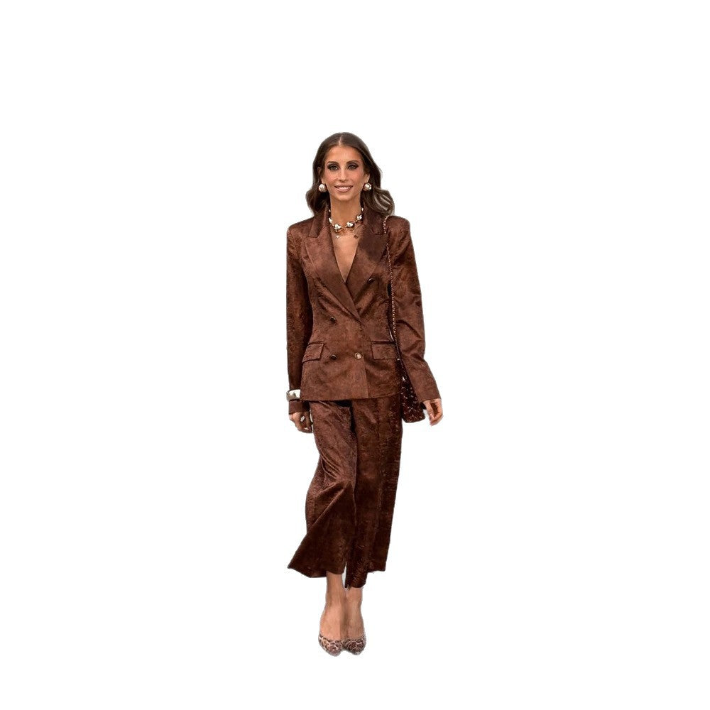 Women Double-Breasted Velvet Blazer and Cropped Pants Co-Ord Set Amarae