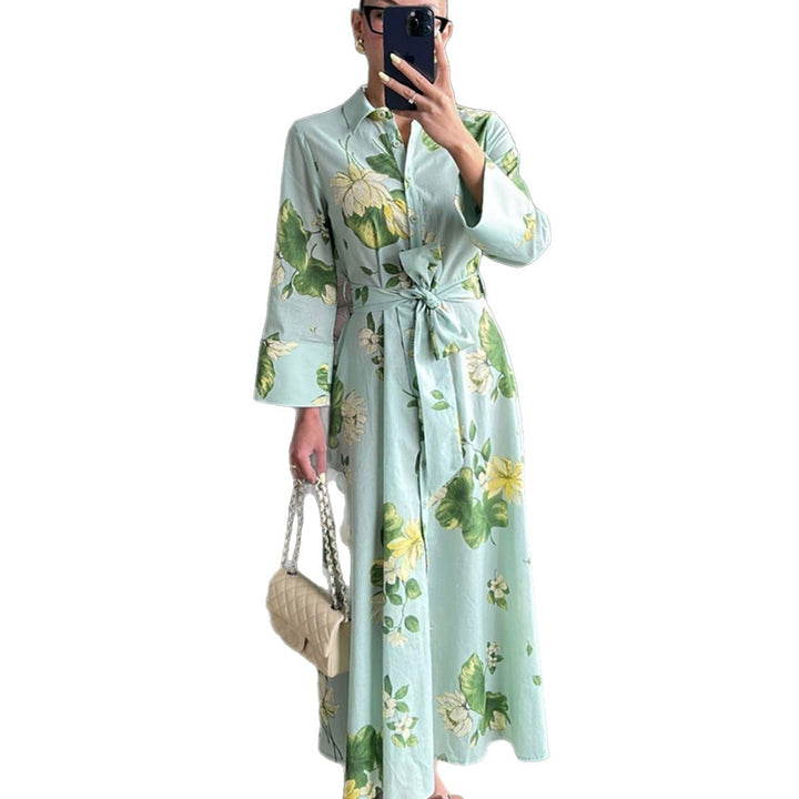 Maxi dress for women with floral patterns and wrapped belt Lune London