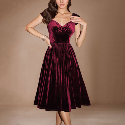 Robe midi femme en velours luxueux avec décolleté en V profond et coupe élégante Chic & Stil