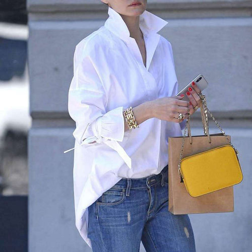 Blouse for ladies with high collar and asymmetric hem Amarae