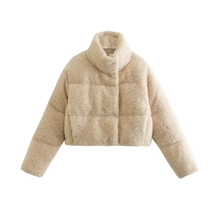 Ladies cropped teddy coat comfortable with high collar and side pockets Lune London