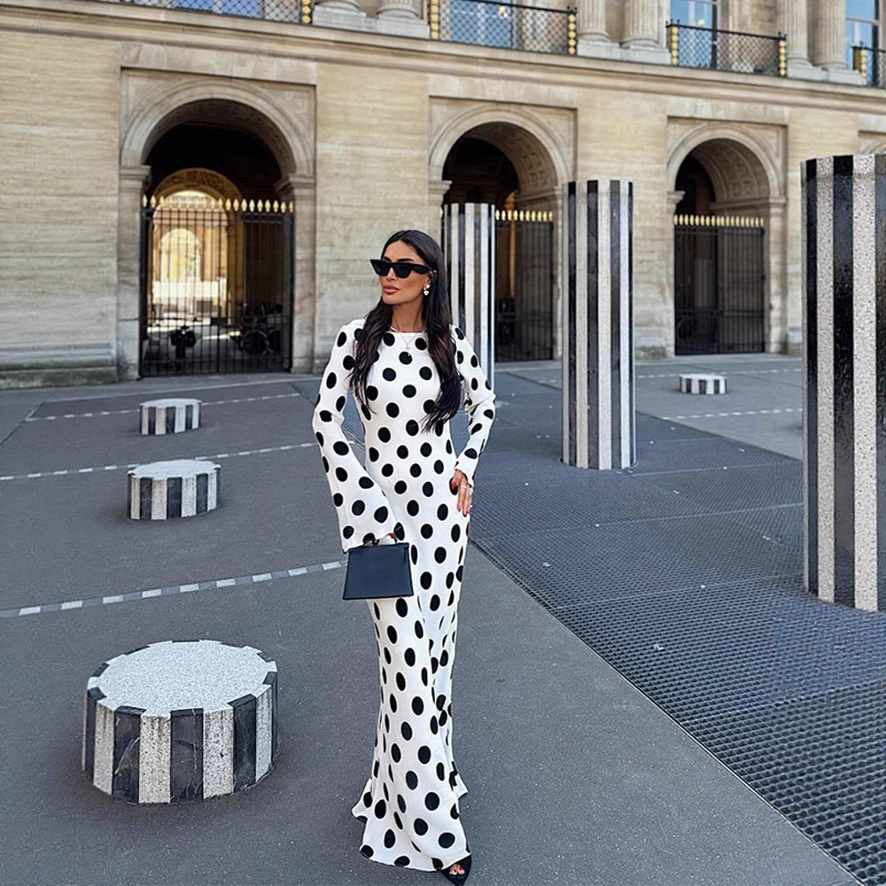 Women's Figure-Hugging Polka Dot Maxi Dress with Trumpet Sleeves & Round Neckline Amarae