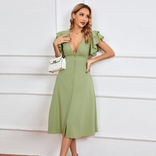 Robe midi élégante pour femmes avec détails en volants et patte de boutonnage Chic & Stil