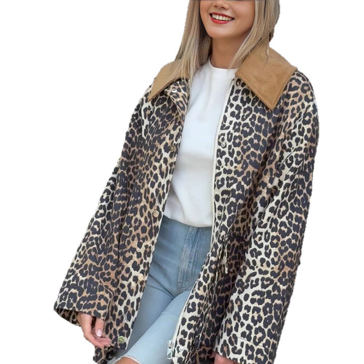 Women's Oversize Field Jacket with Leopard Print and Contrasting Cord Collar Amarae
