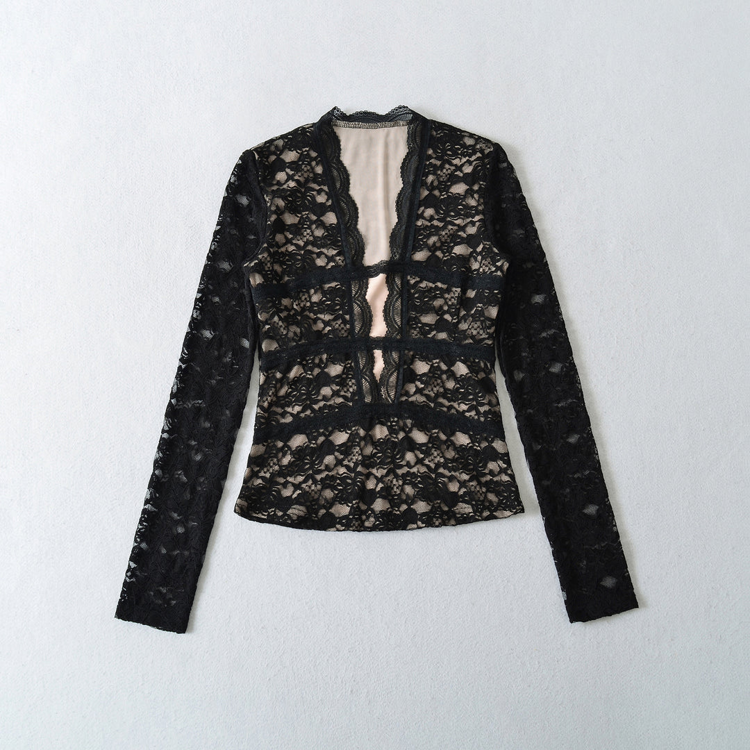 Women's Transparent Lace Blouse with V-Neck, Tailored Inserts and Long Sleeves Amarae