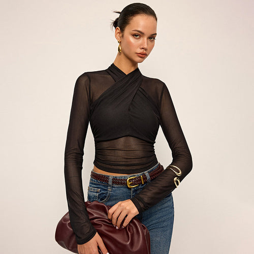 Women Elegant long sleeve top with wrapped design and transparent inserts Amarae