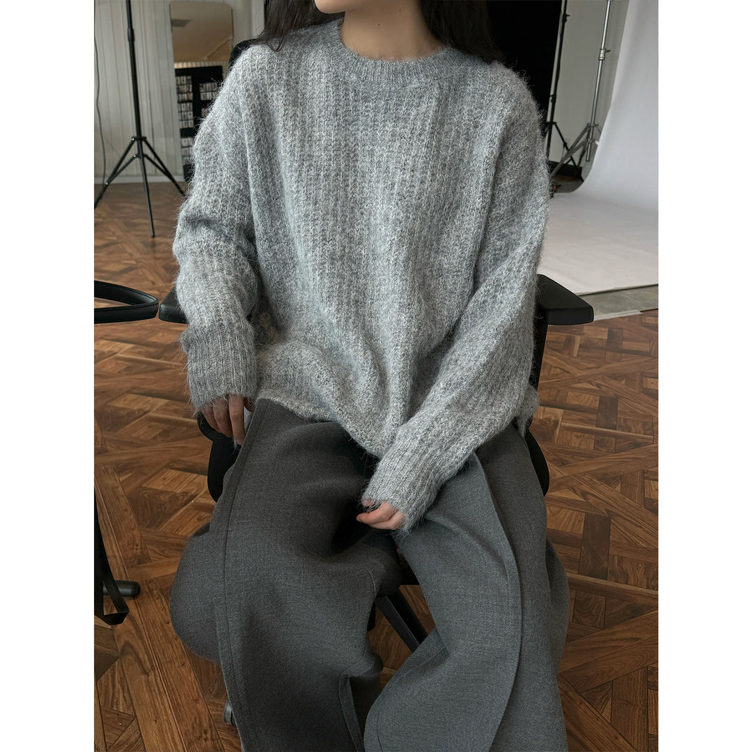 Women Fluffy Oversized Sweater in Mohair Look with Ribbed Textured Knit Amarae