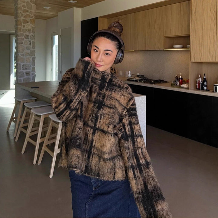 Women's Fluffy Pullover in Vintage Check with High Collar and Frayed Hem Amarae