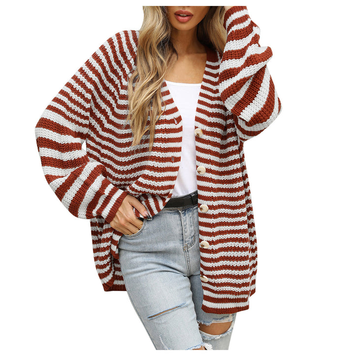 Ladies long sleeve knit cardigan with a modern striped pattern and buttons Lune London