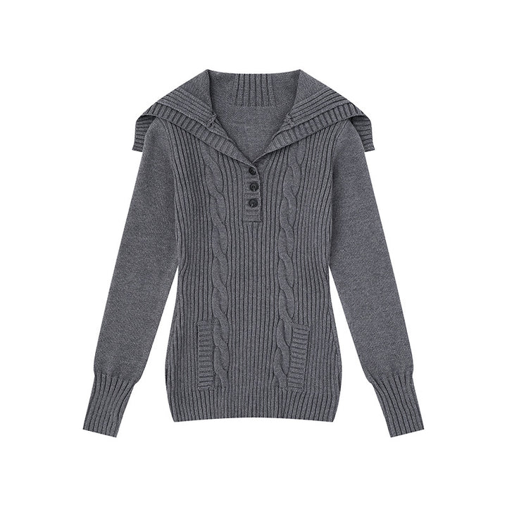 Women's knit sweater with cable pattern, shawl collar and button placket Amarae