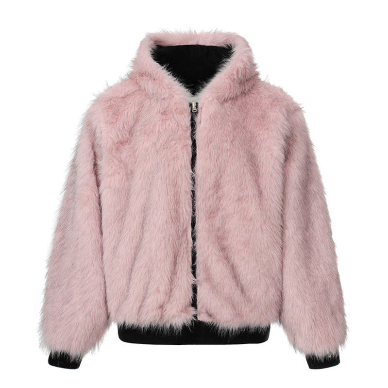 Women Padded Hooded Bomber Jacket with Faux Fur Lining, Velvet Outer Material and Zipper Amarae