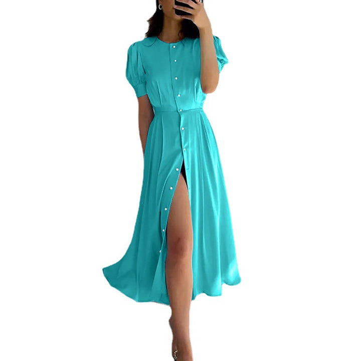 Maxi dress for women with button placket and side slit Lune London