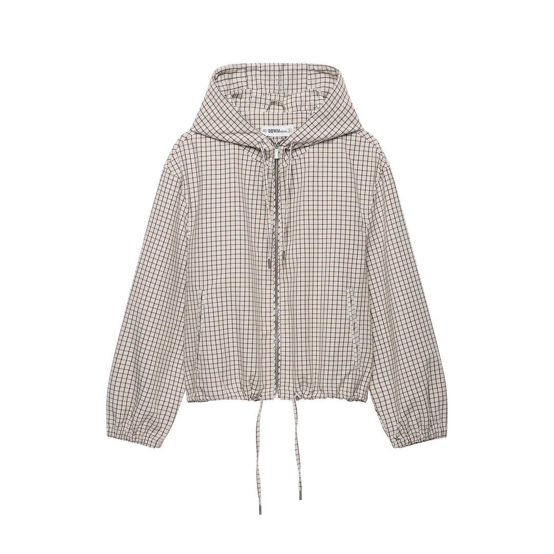 Women Checked Cropped Hoodie with Drawstring and Zipper Amarae
