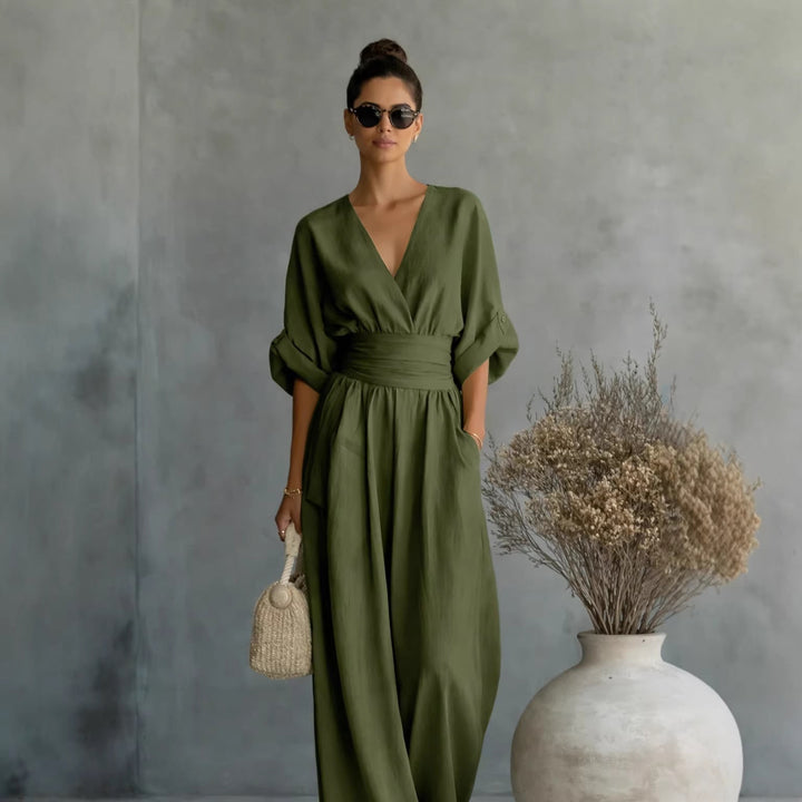 Women Wide Cut Jumpsuit with Elegant Draping and V-Neck Amarae